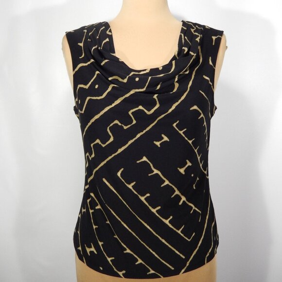 Chaps Black & Tan Tribal Print Draped Cowl Neck Sleeveless Stretch Career Top PL - Picture 1 of 8